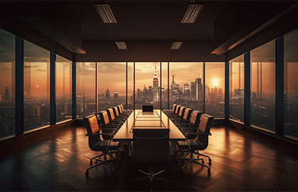 Modern boardroom with city skyline at sunset, symbolizing HLK Group’s legacy and vision