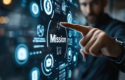 Hand pointing at digital interface with ‘Mission’, symbolizing strategy and innovation – HLK Group